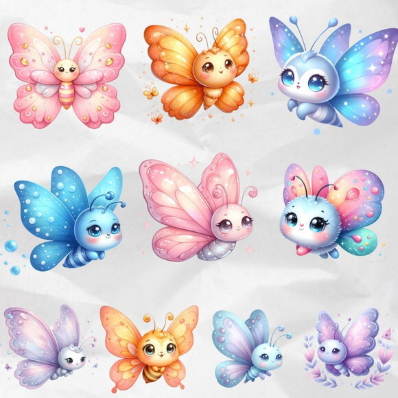 Kit Digital Borboletas Kawaii Aquarela - Summer Butterflies