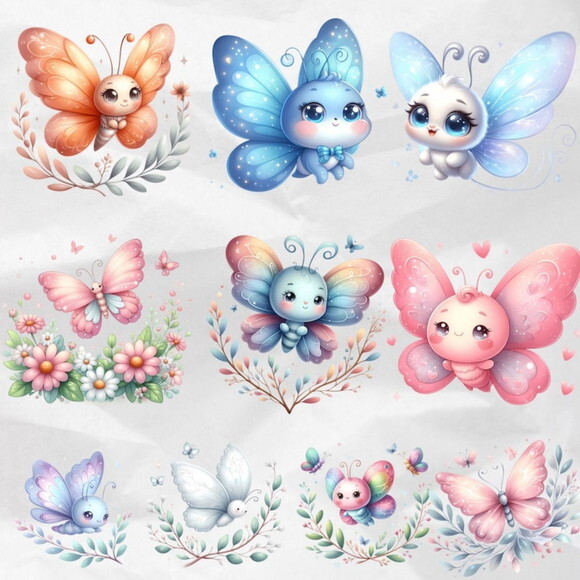Kit Digital Borboletas Kawaii Aquarela - Summer Butterflies