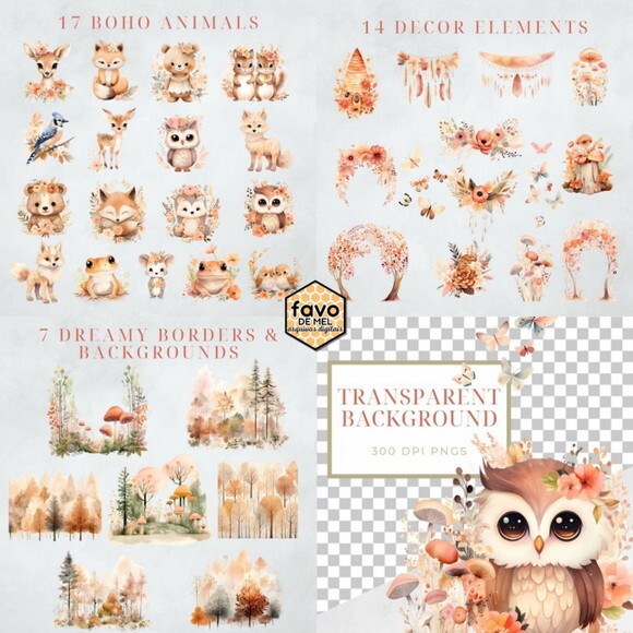 Kit Digital Bosque #15 Boho Floral Aquarela (msp)