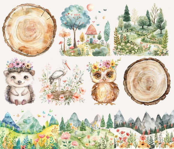 Kit Digital Bosque #24 Floral Aquarela - Spring Woodland