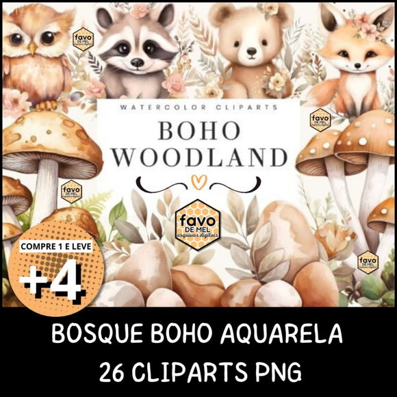 Kit Digital Bosque #25 Floral Aquarela Boho Woodland