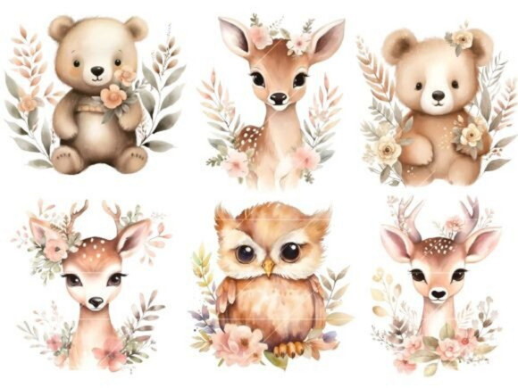 Kit Digital Bosque #25 Floral Aquarela Boho Woodland