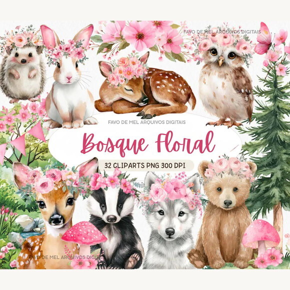 Kit Digital Bosque #32 Bosque Floral Aquarela Premium Png