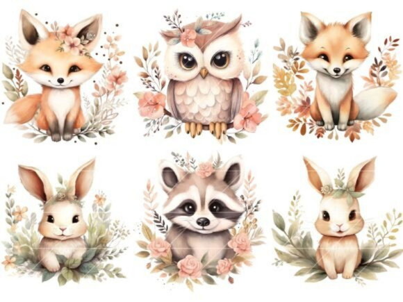 Kit Digital Bosque #25 Floral Aquarela Boho Woodland