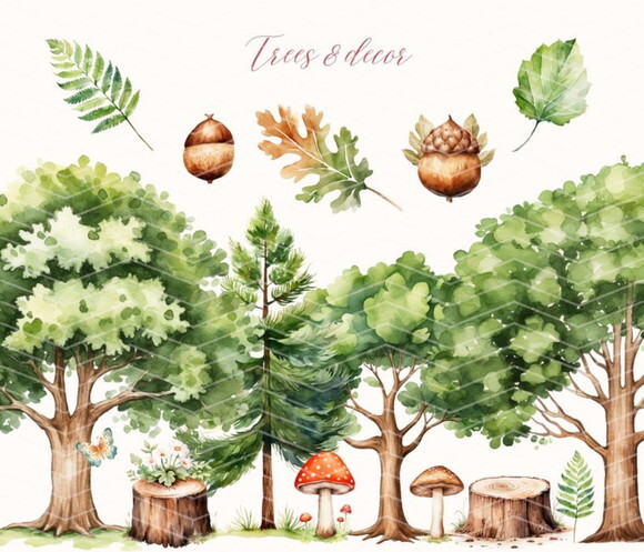 Kit Digital Bosque Aquarela #03 Premium Sweet Forest Friends