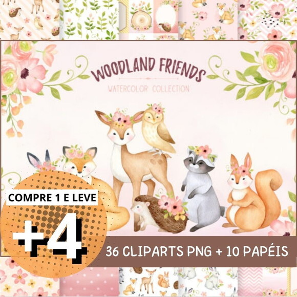 Kit Digital Bosque Aquarela #08 Woodland Friends