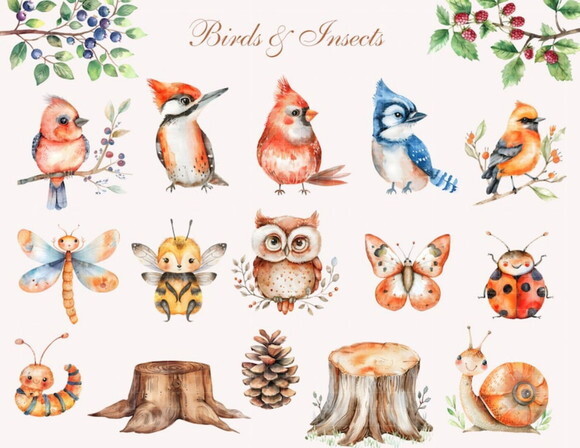 Kit Digital Bosque Aquarela #09 Forest Animals Premium