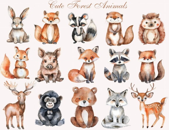 Kit Digital Bosque Aquarela #09 Forest Animals Premium