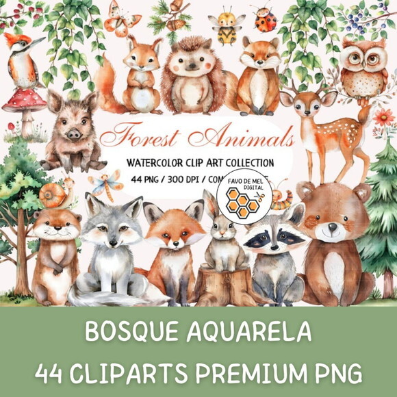Kit Digital Bosque Aquarela #09 Forest Animals Premium