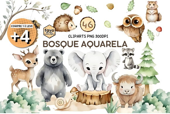 Kit Digital Bosque Aquarela #28 Animais da Floresta