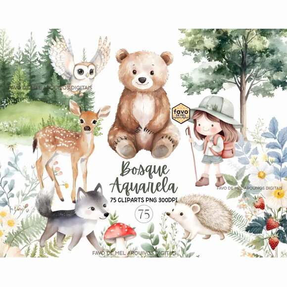 Kit Digital Bosque Aquarela #29 Cute Woodland Premium