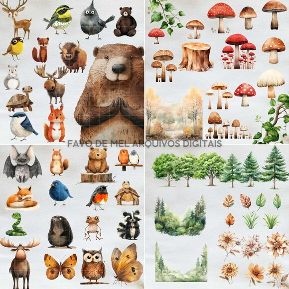 Kit Digital Bosque Aquarela #40 Png Premium