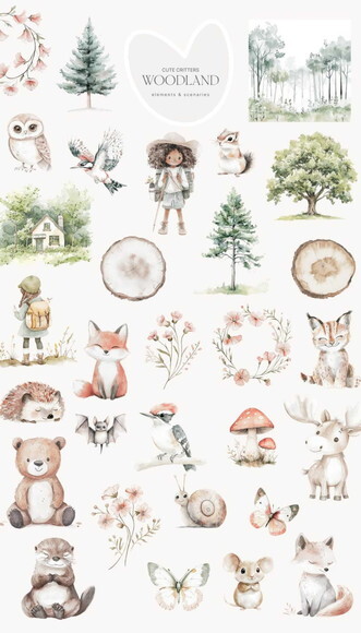 Kit Digital Bosque Aquarela #41 Png Premium