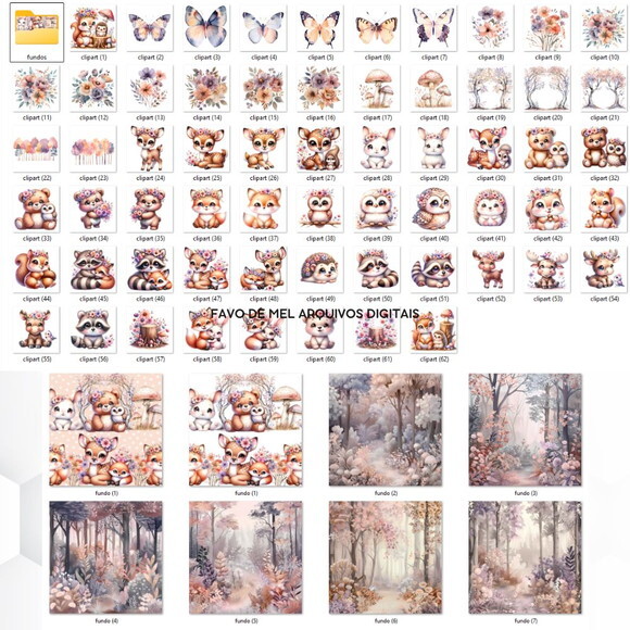 Kit Digital Bosque Floral Cute Aquarela Png com Fundos Jpg