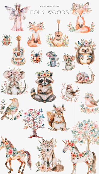 Kit Digital Bosque Floresta Folk Aquarela Premium (paa)