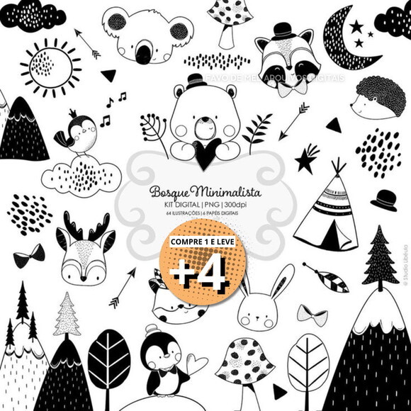 Kit Digital Bosque Minimalista Preto e Branco Png