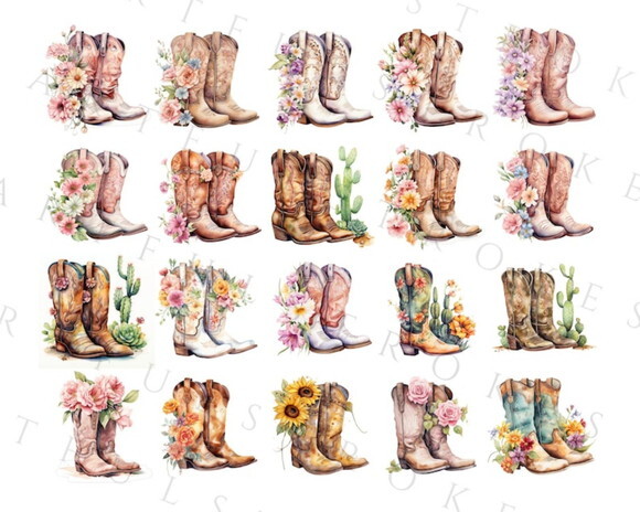 Kit Digital Botas Country Aquarela - Boiadeira Cowgirl