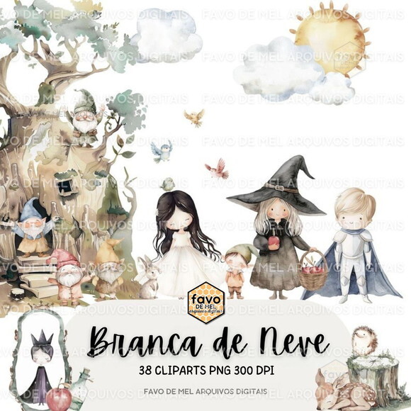Kit Digital Branca de Neve Aquarela 01 Png Premium