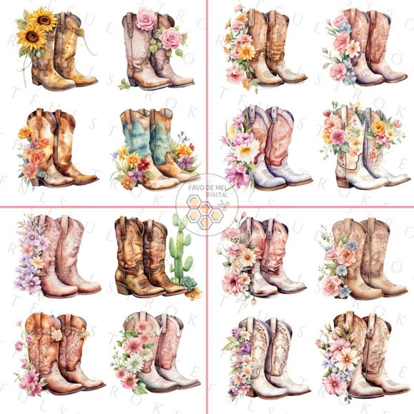 Kit Digital Botas Country Aquarela - Boiadeira Cowgirl