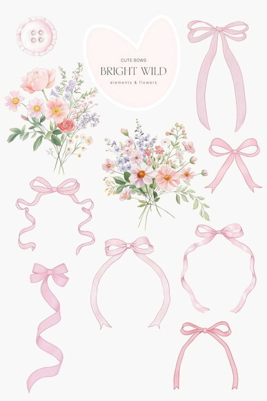 Kit Digital Buquê Floral com Laços e Molduras Png