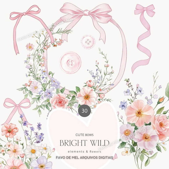 Kit Digital Buquê Floral com Laços e Molduras Png