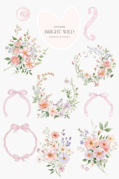Kit Digital Buquê Floral com Laços e Molduras Png