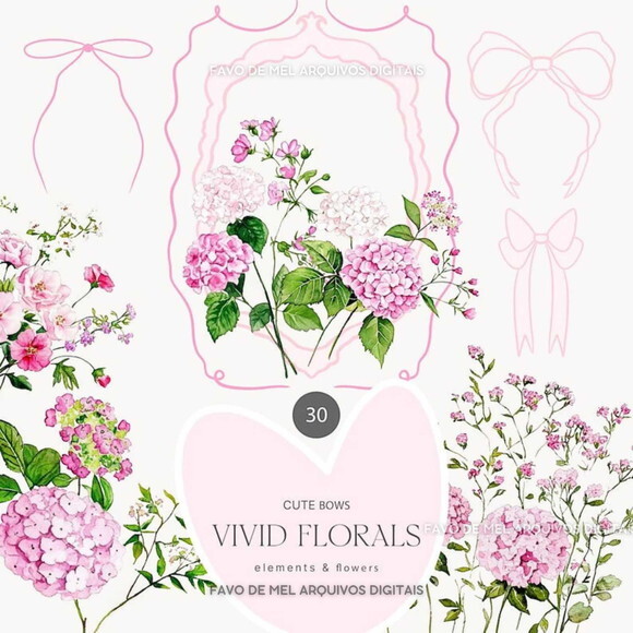 Kit Digital Buquê Floral Rosa com Laços e Molduras Png