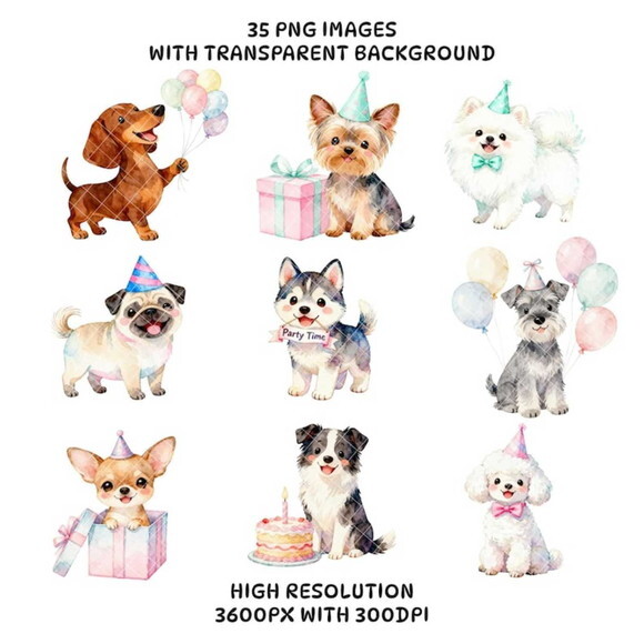 Kit Digital Cachorrinhos Aniversário Pet Png Aquarela