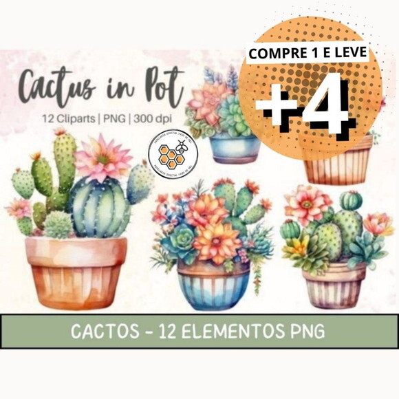 Kit Digital Cactos Aquarela - Cactus In Pot