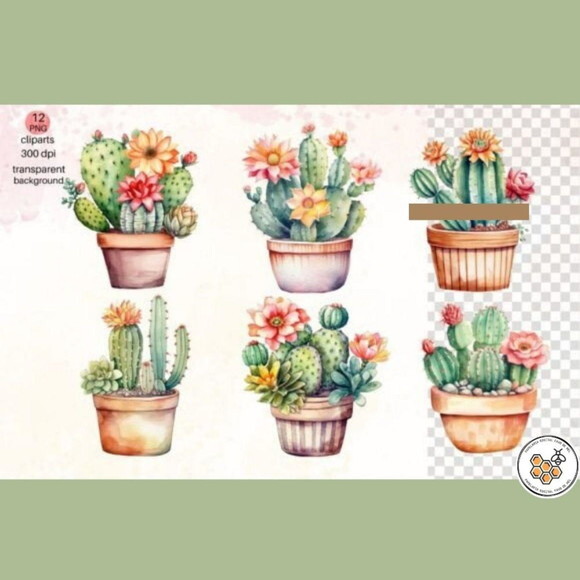 Kit Digital Cactos Aquarela - Cactus In Pot