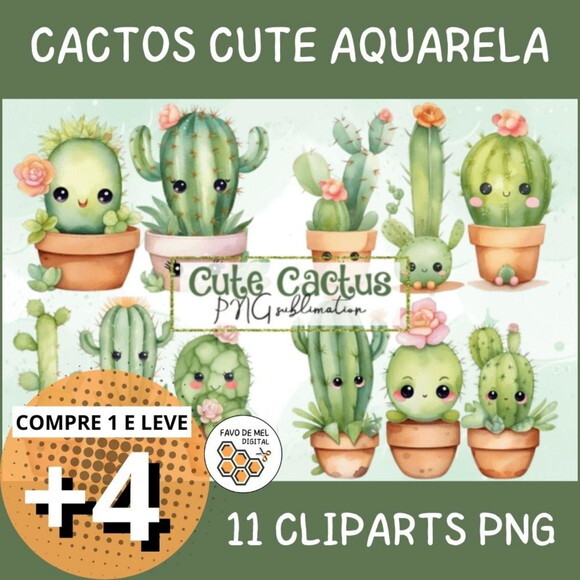 Kit Digital Cactos Cute Aquarela