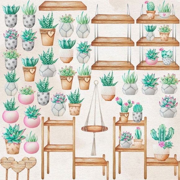 Kit Digital Cactos e Suculentas Aquarela Premium