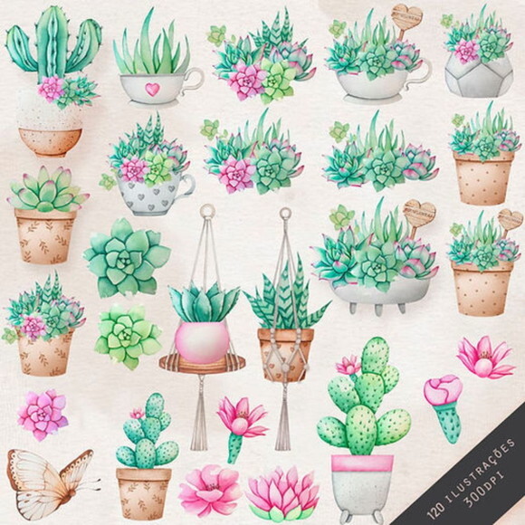 Kit Digital Cactos e Suculentas Aquarela Premium