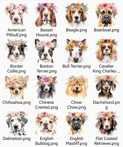 Kit Digital Cães e Flores Aquarela - Dog Breeds With Flower