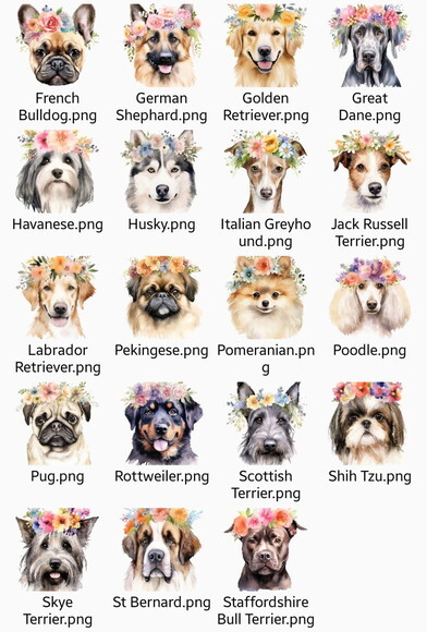 Kit Digital Cães e Flores Aquarela - Dog Breeds With Flower