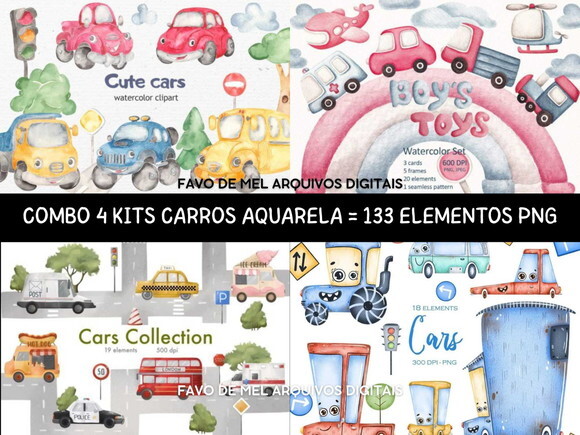 Kit Digital Carrinhos Meios de Transporte - Pack 4 Kits