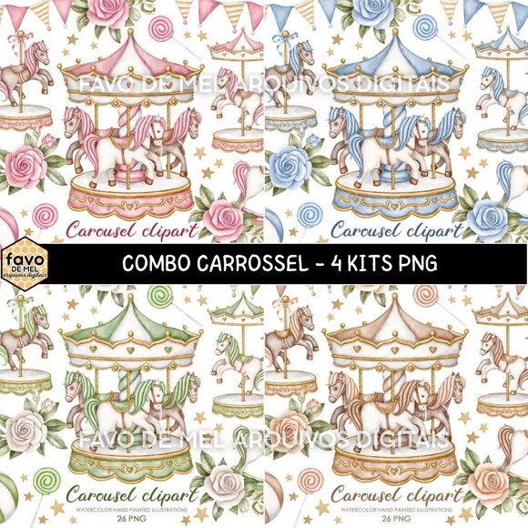 Kit Digital Carrossel Aquarela - Pack 4 Kits