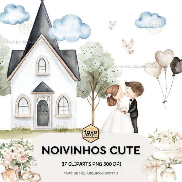 Kit Digital Casamento Noivinhos Cute Aquarela Premium