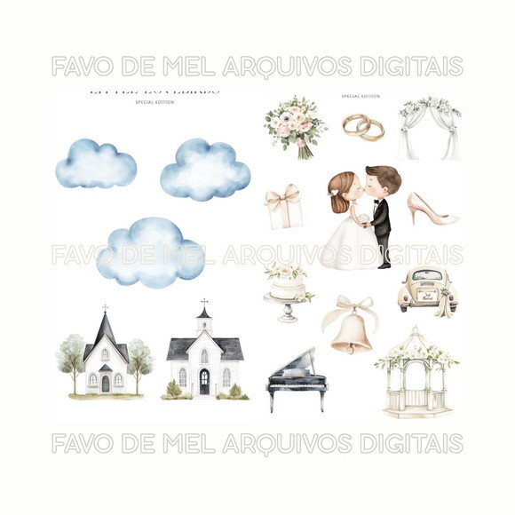 Kit Digital Casamento Noivinhos Cute Aquarela Premium