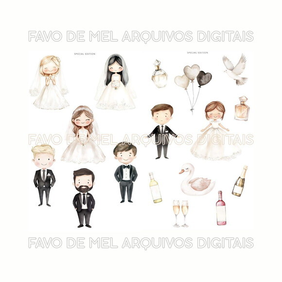Kit Digital Casamento Noivinhos Cute Aquarela Premium