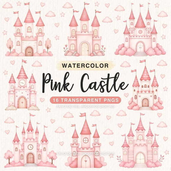 Kit Digital Castelo Rosa Aquarela Png Premium