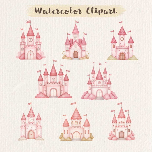 Kit Digital Castelo Rosa Aquarela Png Premium
