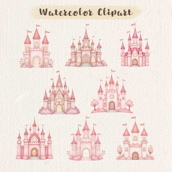 Kit Digital Castelo Rosa Aquarela Png Premium
