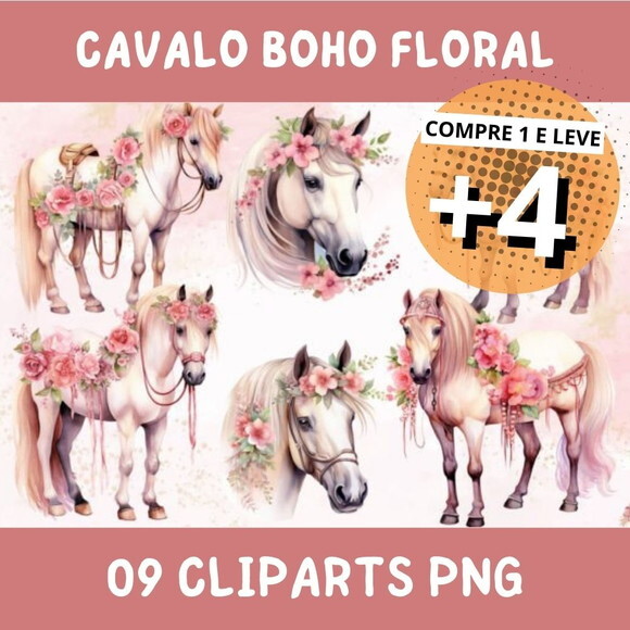 Kit Digital Cavalo Boho Floral - Country Boiadeira Aquarela