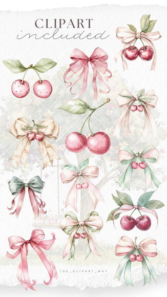 Kit Digital Cerejas com Laço Coquette Aquarela #2 Png