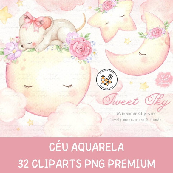 Kit Digital Céu Menina Aquarela Premium - Sweet Sky