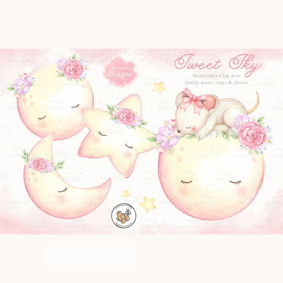 Kit Digital Céu Menina Aquarela Premium - Sweet Sky