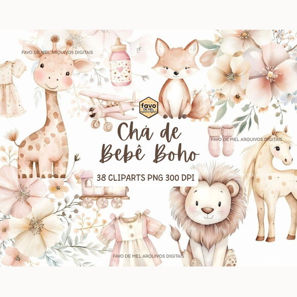 Kit Digital Chá de Bebê Boho Neutro Aquarela Png #2