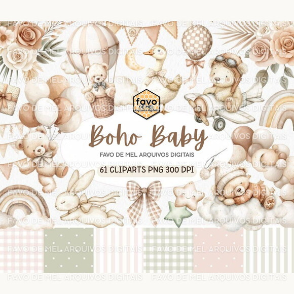 Kit Digital Chá de Bebê Boho Neutro Aquarela Png #3