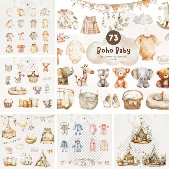 Kit Digital Chá de Bebê Boho Neutro Newborn Png #4
